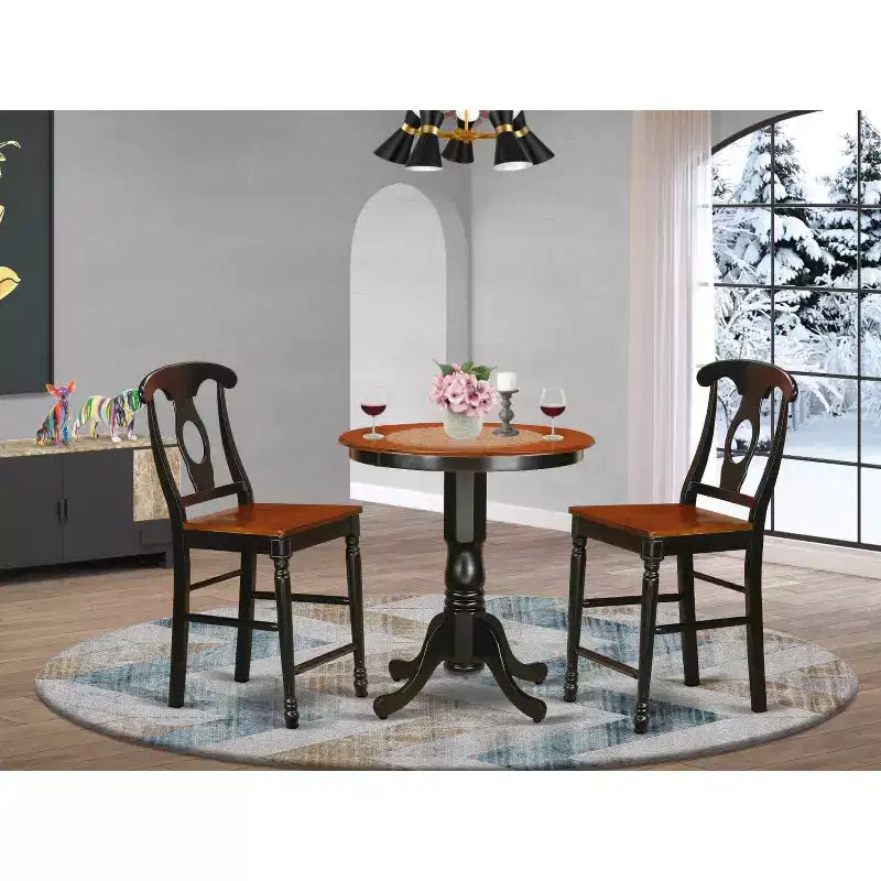 HomeStock 3-Piece Round Black Finish Solid Wood Top Dining Table with 2 Chairs