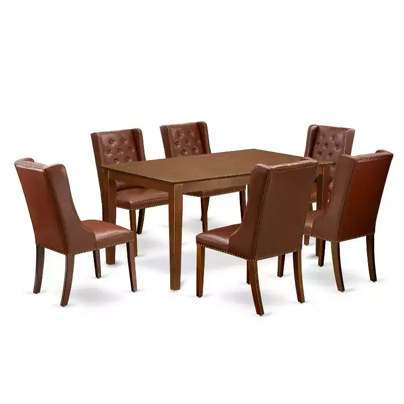 HomeStock 7-Piece Rectangle Mahogany Finish Solid Wood Top Dining Table with 6 Chairs