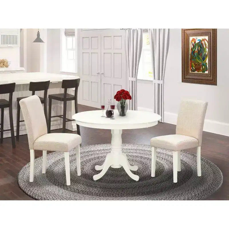 Vintage Round Kitchen Table Set - 3pc Table & 2 Chairs - Linen White Legs - Light Beige Fabric