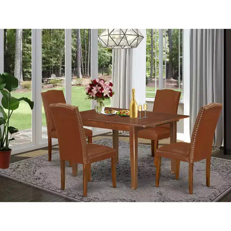 Dinette Set 5Pc Rectangle Table w/ Leaf & 4 Parsons Chairs - Brown Faux Leather