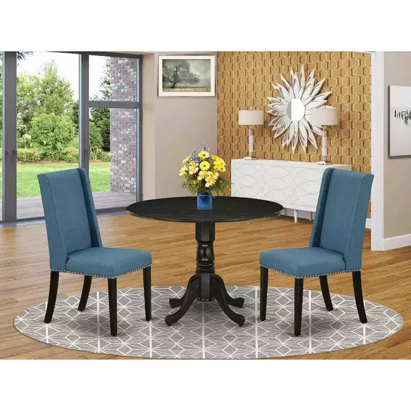 HomeStock 3-Pc Wire brushed Black Solid Wood Top - Round Dining Room Set - Seats 4