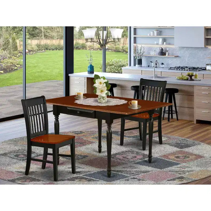 HomeStock 3-Pc Black and Cherry Finish Solid Wood Top With Dropleaf Dining Table Set