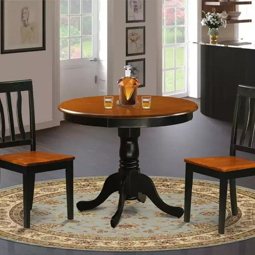 Table à manger ronde 3 pièces avec plateau en bois massif au fini noir et 2 chaises avec