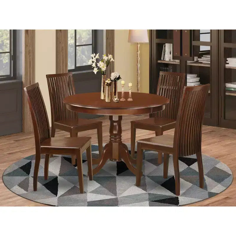 5 Piece Dinette Set - Round Table & 4 Chairs - Wood Seat - Mahogany Finish - HomeStock