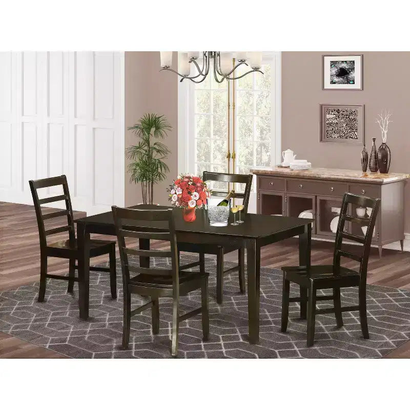 HomeStock 5-Piece Rectangle Cappuccino Finish Solid Wood Top Dining Table with 4-Chairs