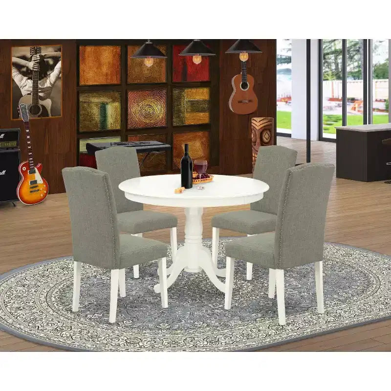 Round Dinette Set 5Pc - 42 Inch Table & 4 Chairs - Modern Kitchen Set - Linen White Legs - Dark Shitake Fabric