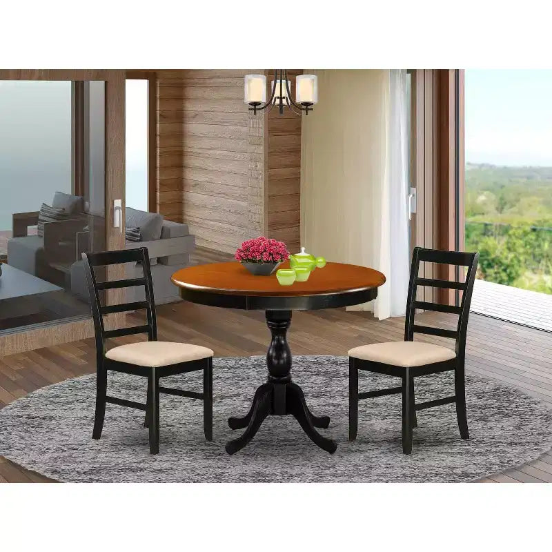 3-Piece Black and Cherry Finish Solid Wood Top - Round Dining Room Set - Seats-4