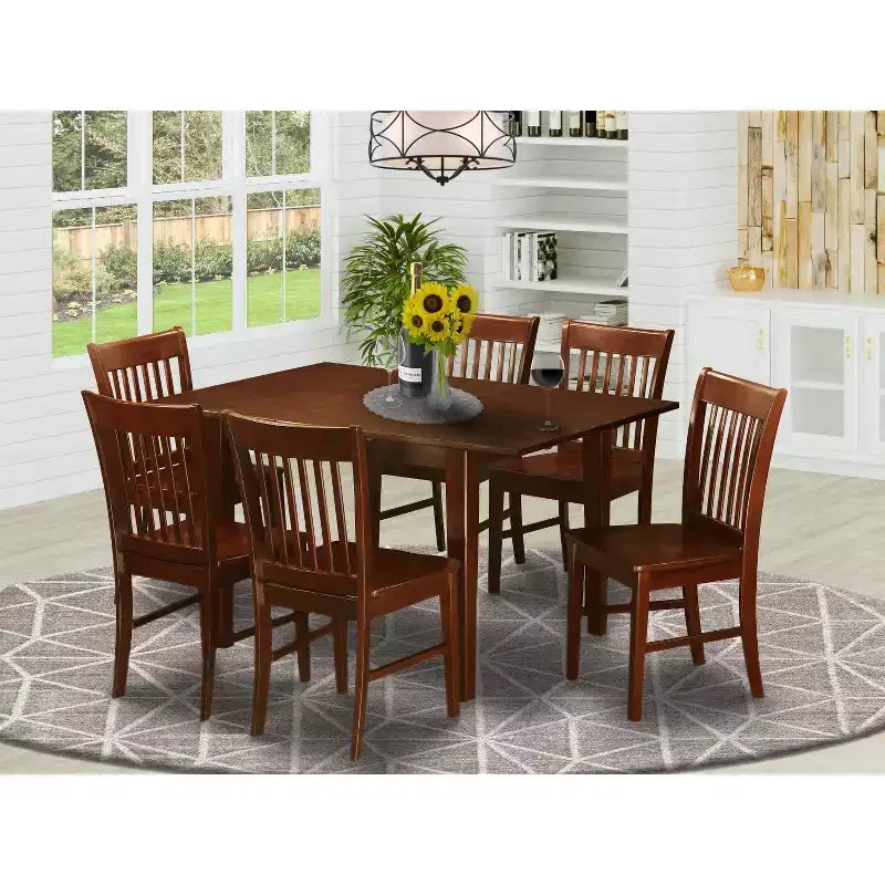 Dining Room Table Set 7 Piece - Rectangular Table with Butterfly Leaf & 6 Chairs - Mahogany Finish
