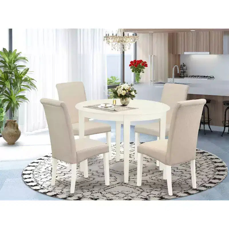 HomeStock 5-Pc Round Linen White Solid Wood Top-Dining Room Set-Seats 4