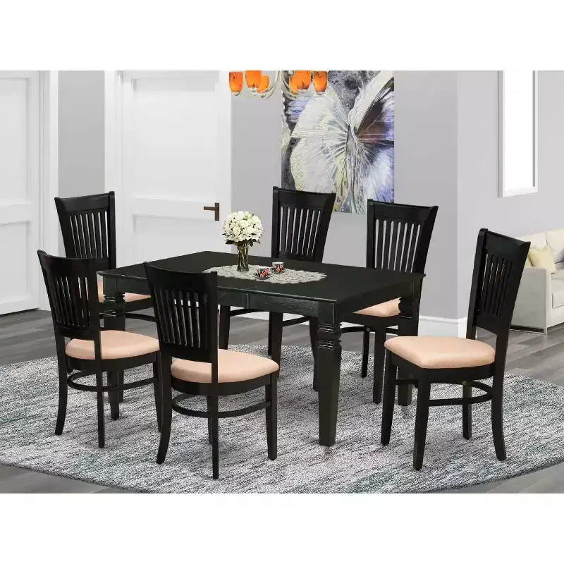 HomeStock 7-Piece Rectangle Black Finish Solid Wood Top Dining Table with 6-Chairs with Butterfly Leaf Slat Back