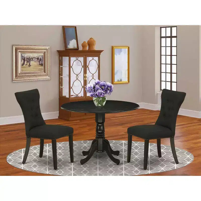 3-Piece Wirebrushed Black Solid Wood Top - Round Dining Room Set - Seats 4