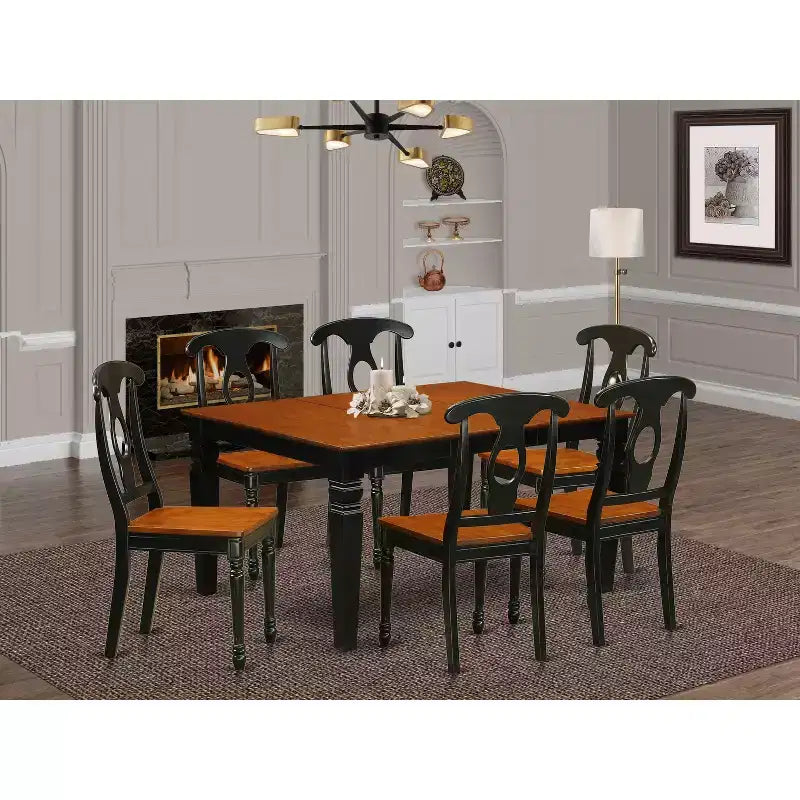 HomeStock 7-Piece Black and Cherry Finish Solid Wood Top Dining Table with 6 Chairs