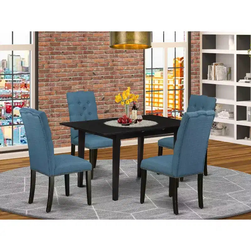 HomeStock 5-Pc Black Solid Wood Top-Rectangular Button Tufted Upholstered Dining Room Set with Butterfly Leaf-Seats 4