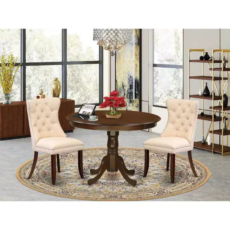 3-Piece Mahogany Finish Solid Wood Top-Round Upholstered Dining Room Set-Seats 4