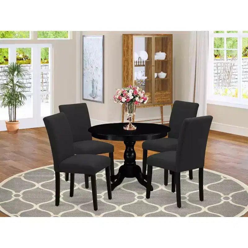 HomeStock 5-Pc Wire Brushed Black Finish Solid Wood Top Dining table with 4 Chairs