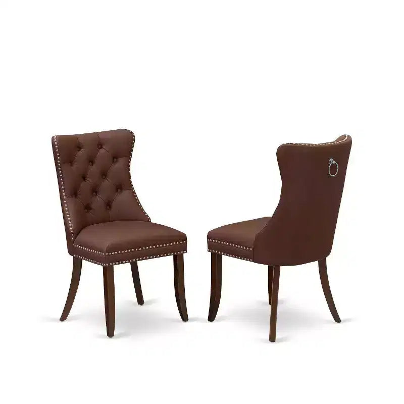 NeoClassical 5 Piece Dinette Set - Round Kitchen Table & 4 Burgundy Parson Chairs - Mahogany Finish