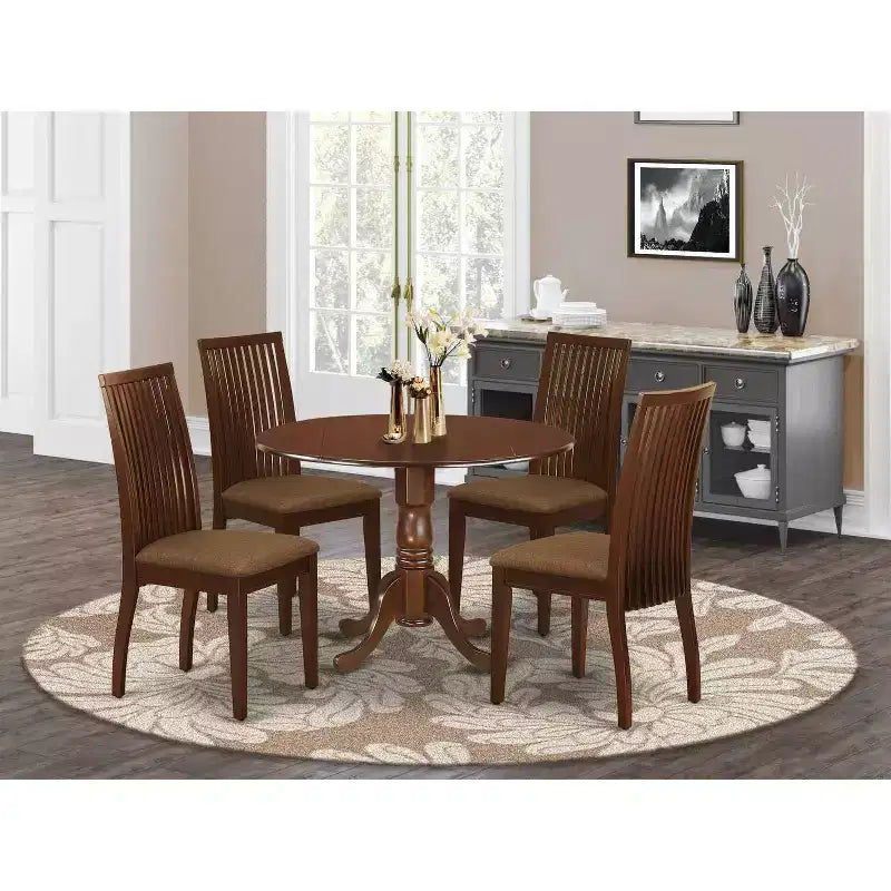 HomeStock 5-Piece Round Mahogany Finish Solid Wood Top Dining table with 4 Chairs with Drop Leaf