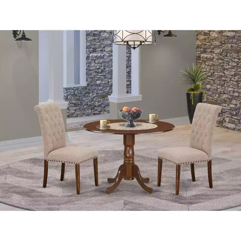 HomeStock 3-Piece Round Mahogany Finish Solid Wood Top Dining Table with 2 Parson Chairs with Drop Leaf