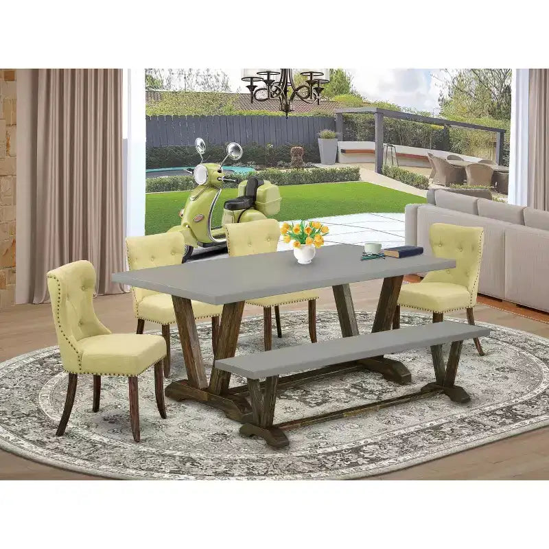 HomeStock 6-Pc Rectangle Distressed Jacobean Finish Solid Wood Top Dining Table with 1-Bench, 4-Chairs