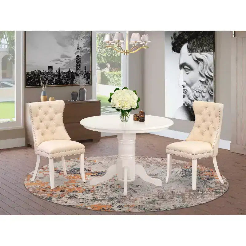 3-Piece Linen white Solid Wood Top - Round Upholstered Dining Room Set - Seats 4