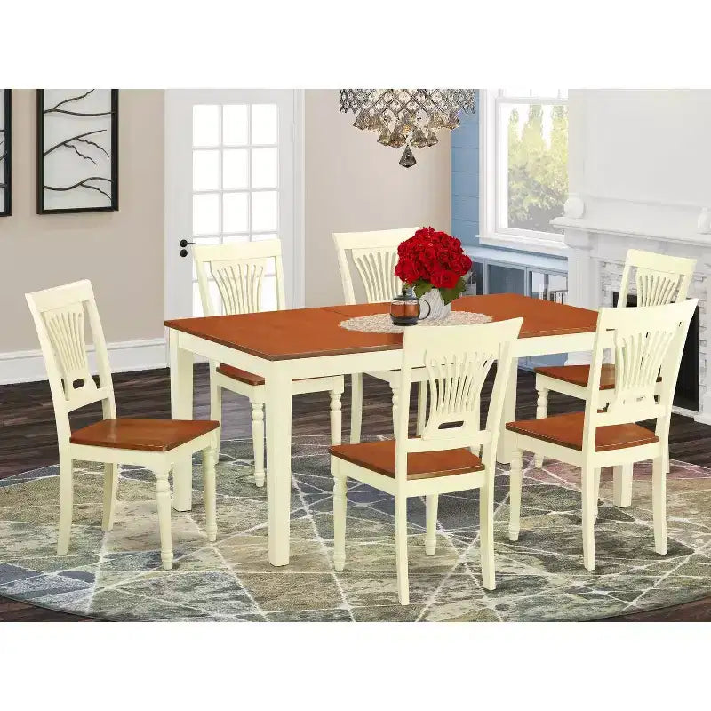 HomeStock 7-Piece Rectangle Buttermilk and Cherry Finish Solid Wood Top Dining Table with 6-Chairs