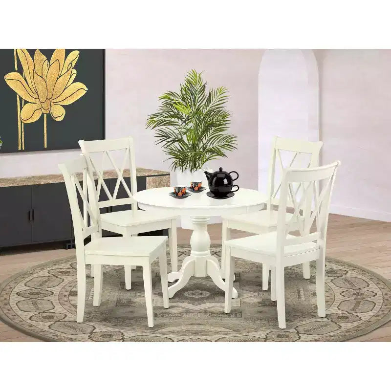HomeStock 5-Piece Linen White Finish Solid Wood Top Dining table with 4-Chairs