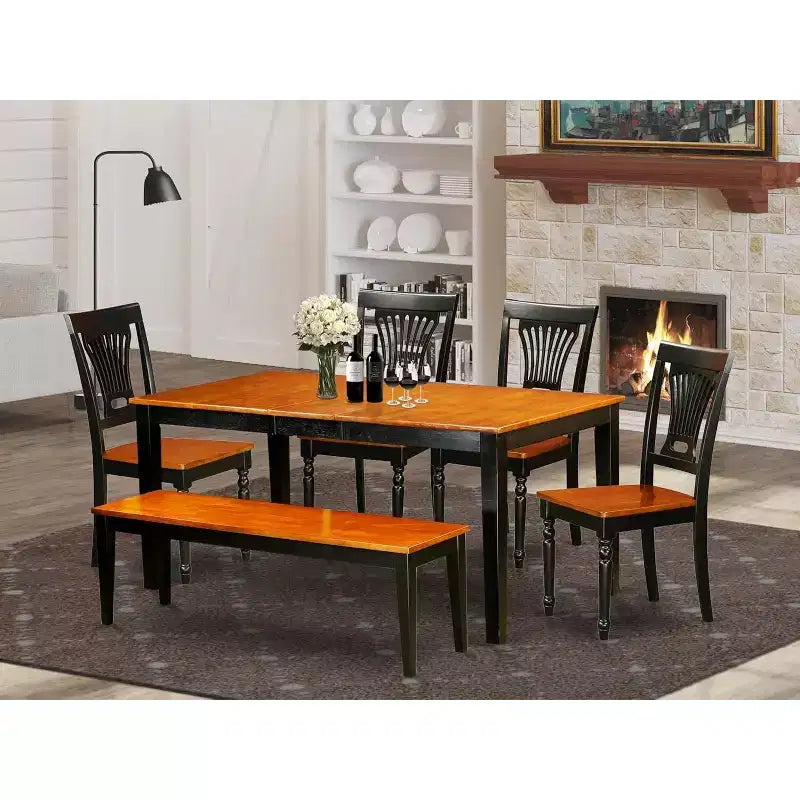 HomeStock 6-Piece Rectangle Black and Cherry Finish Solid Wood Top Dining Table with 1-Bench and 4-Chairs