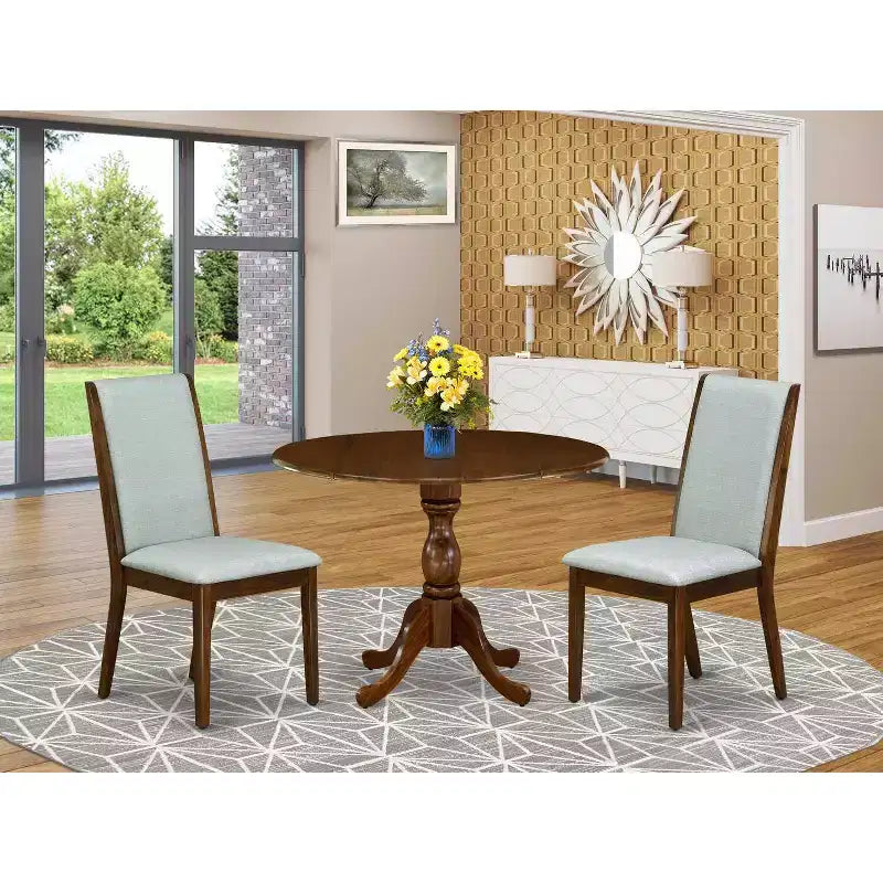 3-Piece Acacia Walnut Finish Solid Wood Top - Upholstered Dining Room Set - Seats 4