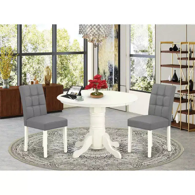 3-Piece Linen white Solid Wood Top - Round Dining Room Set - Seats 4