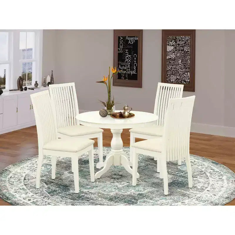 HomeStock 5-Piece Linen White Finish Solid Wood Top Dining table with 4 Chairs with Slat Back