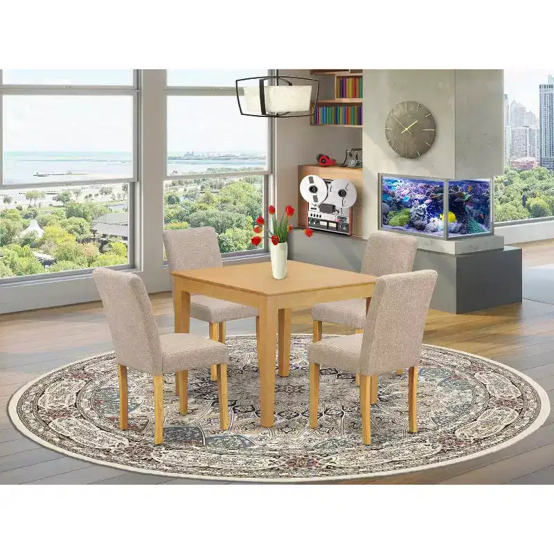 Square Dining Set 5Pc - 36 Inch Table w/ Parsons Chairs - Linen Fabric - Modern Farmhouse Style
