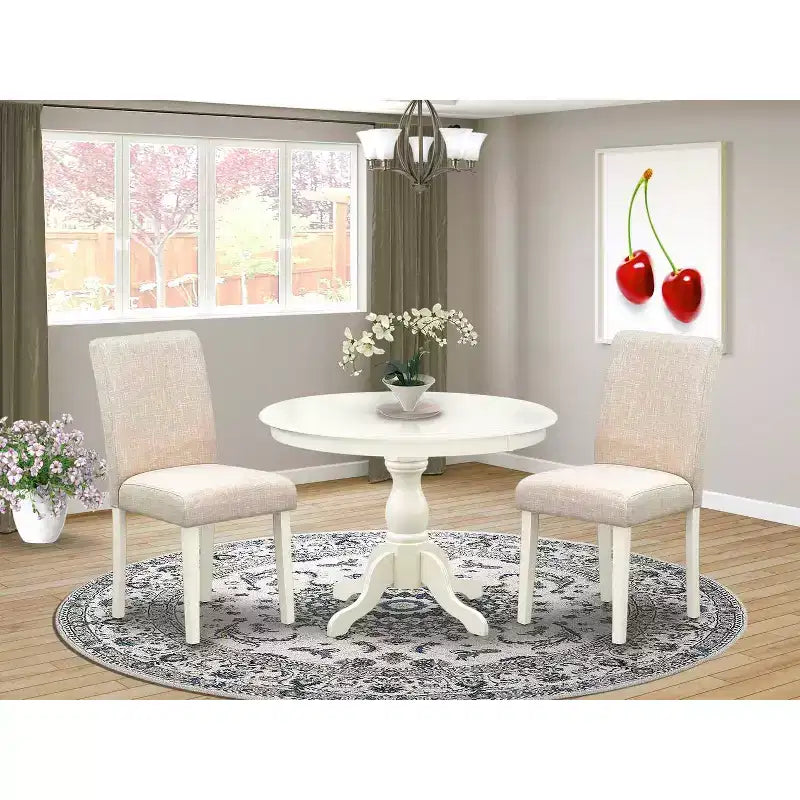 3-Piece Linen White Finish Solid Wood Top-Round Dining Room Set with High Back-Seats 4