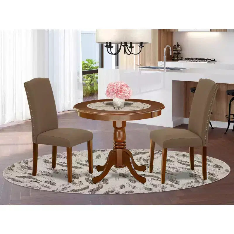 Round Dining Table Set - 36 Inch Table & 2 Chairs - Linen Fabric - Dark Coffee Finish