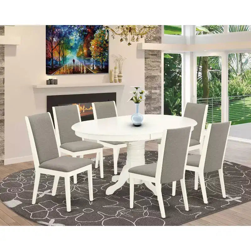 HomeStock 7-Pc Linen White Finish Solid Wood Top Dining Table with 6-Chairs with Butterfly Leaf