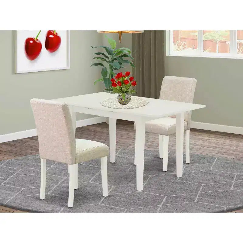 HomeStock 3-Piece Linen White Finish Rectangular Solid Wood Top with Butterfly Leaf Dining Table Set
