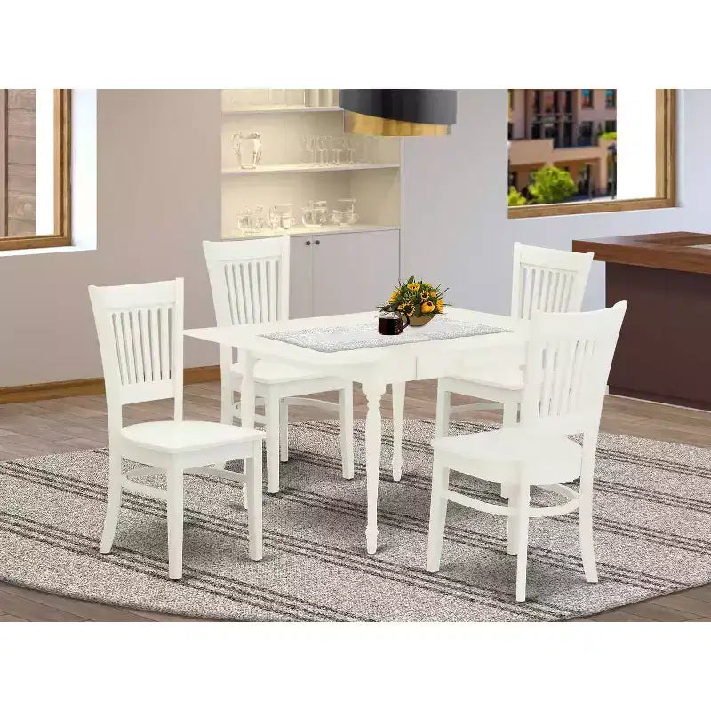 5-Piece Linen White Finish Solid Wood Top - Rectangular Dining Room Set Seats-4
