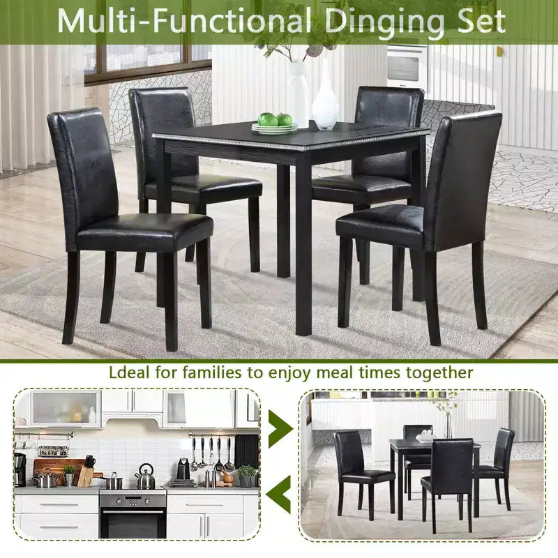 CLIHOME 5-Piece Wooden Dining Table Set, Kitchen Crystal Decoration Table Set with Square Table and 4 Upholstered Chairs