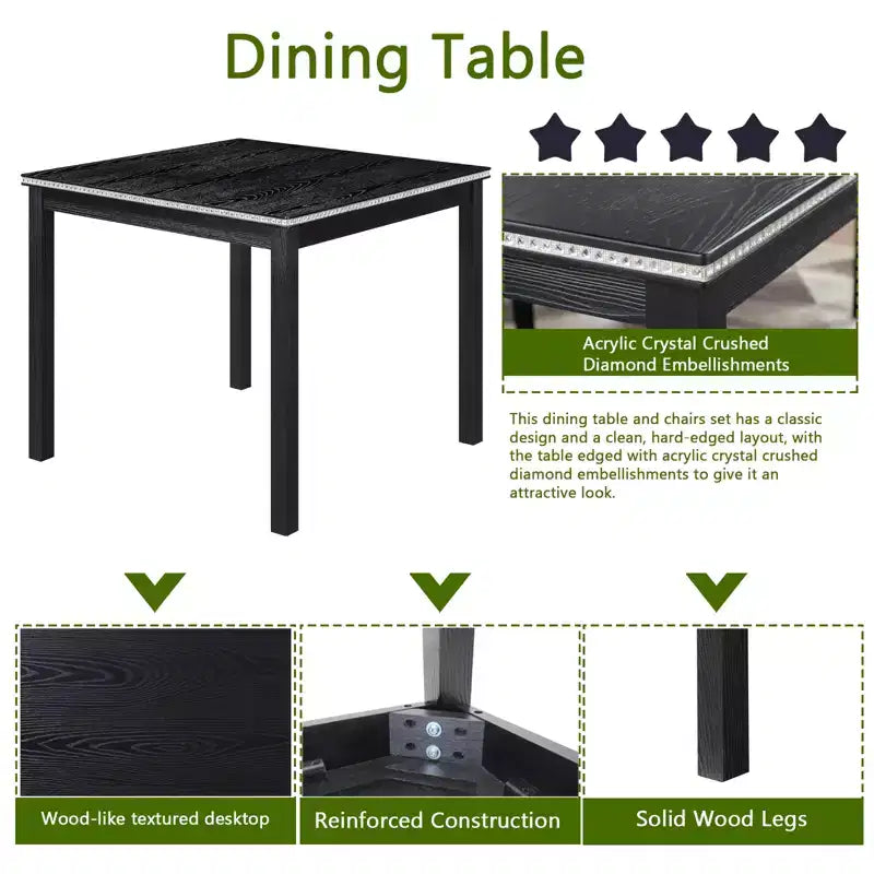 CLIHOME 5-Piece Wooden Dining Table Set, Kitchen Crystal Decoration Table Set with Square Table and 4 Upholstered Chairs