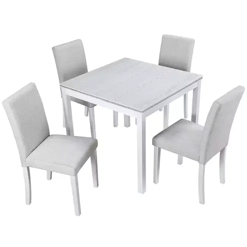CLIHOME 5-Piece Wooden Dining Table Set, Kitchen Crystal Decoration Table Set with Square Table and 4 Upholstered Chairs
