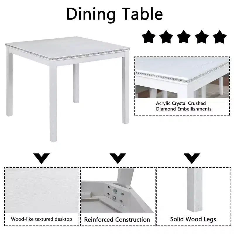 CLIHOME 5-Piece Wooden Dining Table Set, Kitchen Crystal Decoration Table Set with Square Table and 4 Upholstered Chairs