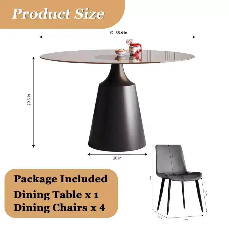 GDFStudio Zephyr Modern 5-Piece Dining Set with Round Tempered Glass Table and Faux Leather Upholstered Chairs