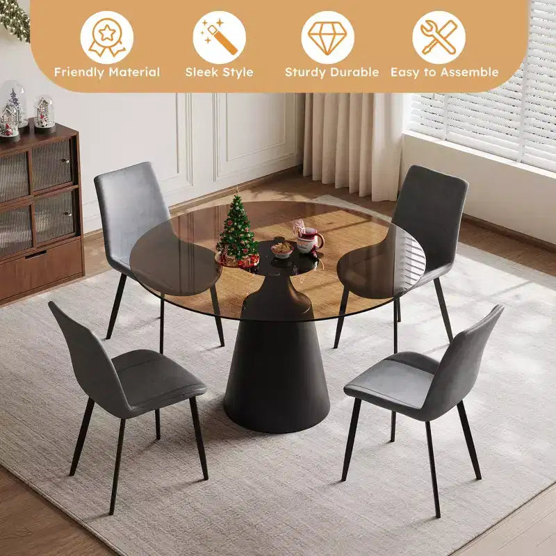 GDFStudio Zephyr Modern 5-Piece Dining Set with Round Tempered Glass Table and Faux Leather Upholstered Chairs
