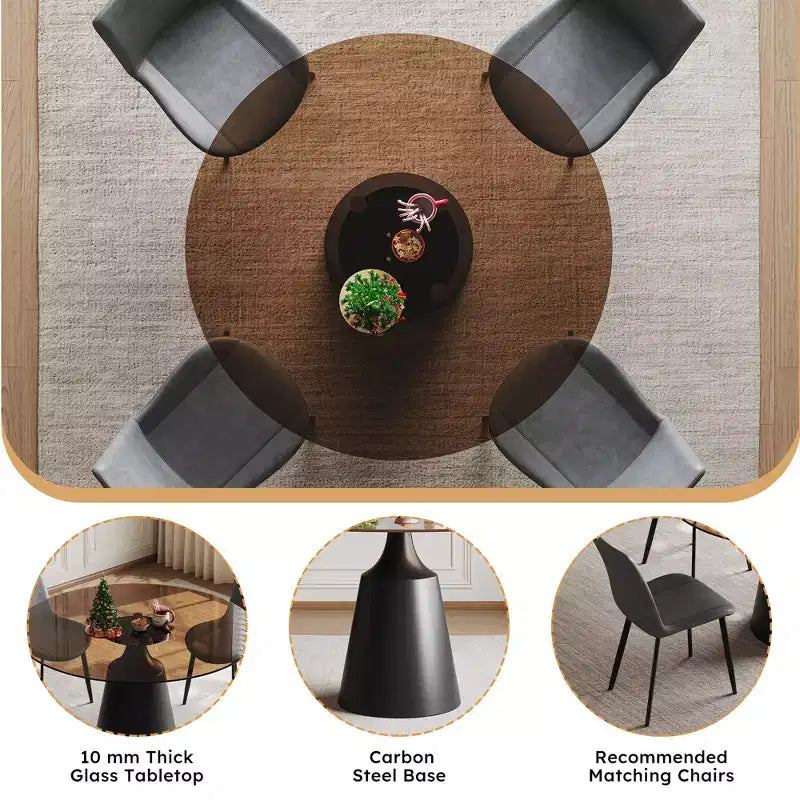 GDFStudio Zephyr Modern 5-Piece Dining Set with Round Tempered Glass Table and Faux Leather Upholstered Chairs