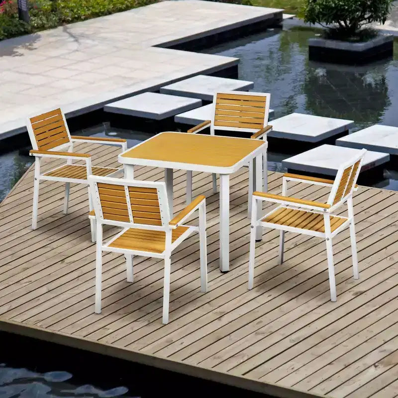 5 Pieces Outdoor Dining Set for 4, Wicker Rattan Patio Furniture Set, Patio Table and Chairs Set with Cushions, Square Metal Table Top