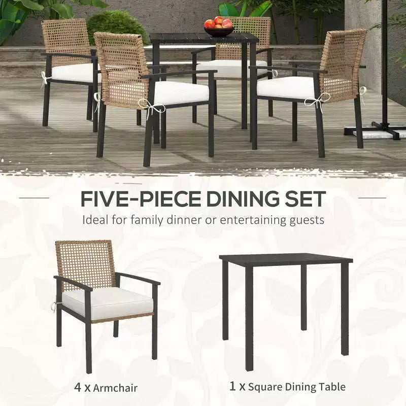 5 Pieces Outdoor Dining Set for 4, Wicker Rattan Patio Furniture Set, Patio Table and Chairs Set with Cushions, Square Metal Table Top