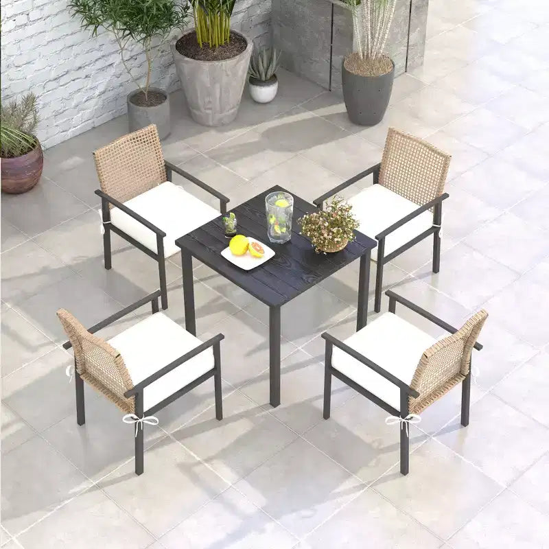 5 Pieces Outdoor Dining Set for 4, Wicker Rattan Patio Furniture Set, Patio Table and Chairs Set with Cushions, Square Metal Table Top