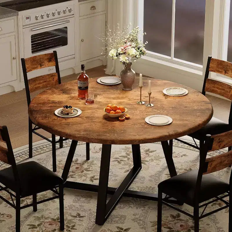 Round Dining Table Set for 4, 5 Piece Circle Wooden Kitchen Dinner Table & Chairs Set for 4, w/ 4 Unpholster Chairs, Sturdy Thick Frame