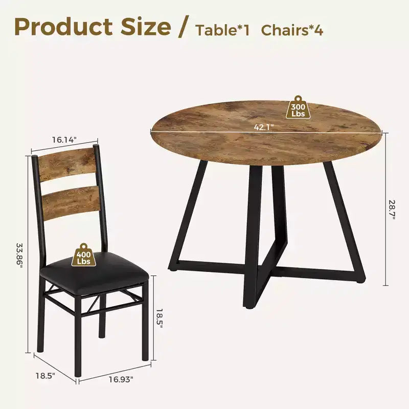 Round Dining Table Set for 4, 5 Piece Circle Wooden Kitchen Dinner Table & Chairs Set for 4, w/ 4 Unpholster Chairs, Sturdy Thick Frame