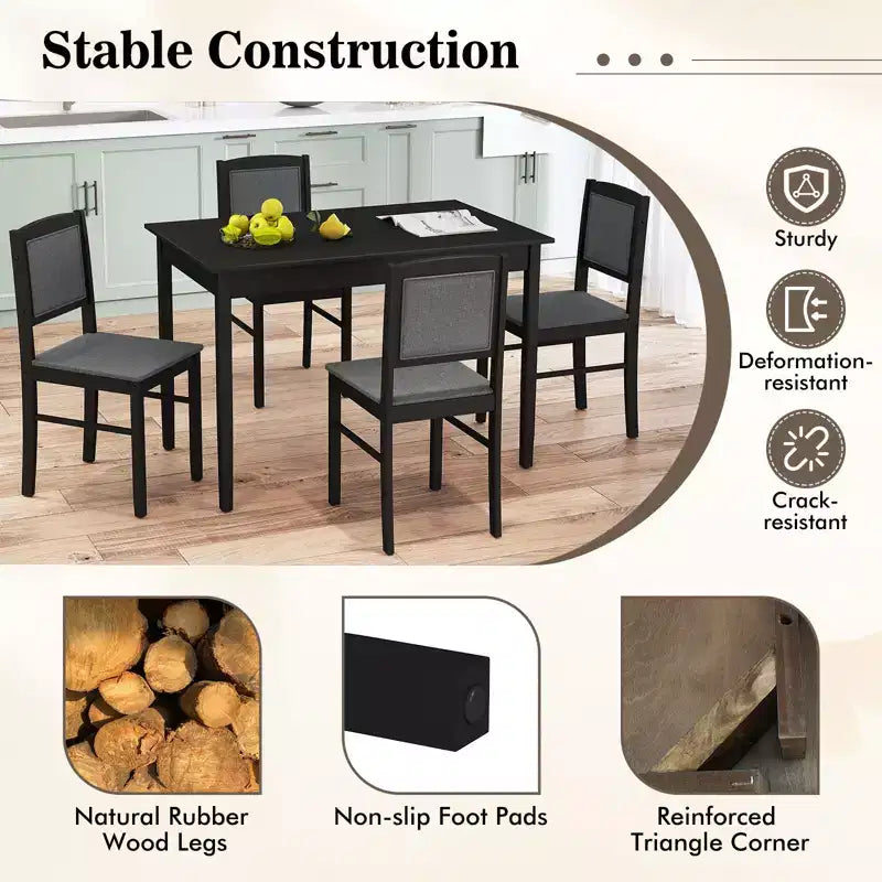 Costway 5 PCS Dining Table Set for 4 w/Rubber Wood Legs Upholstered Seat Padded Backrest