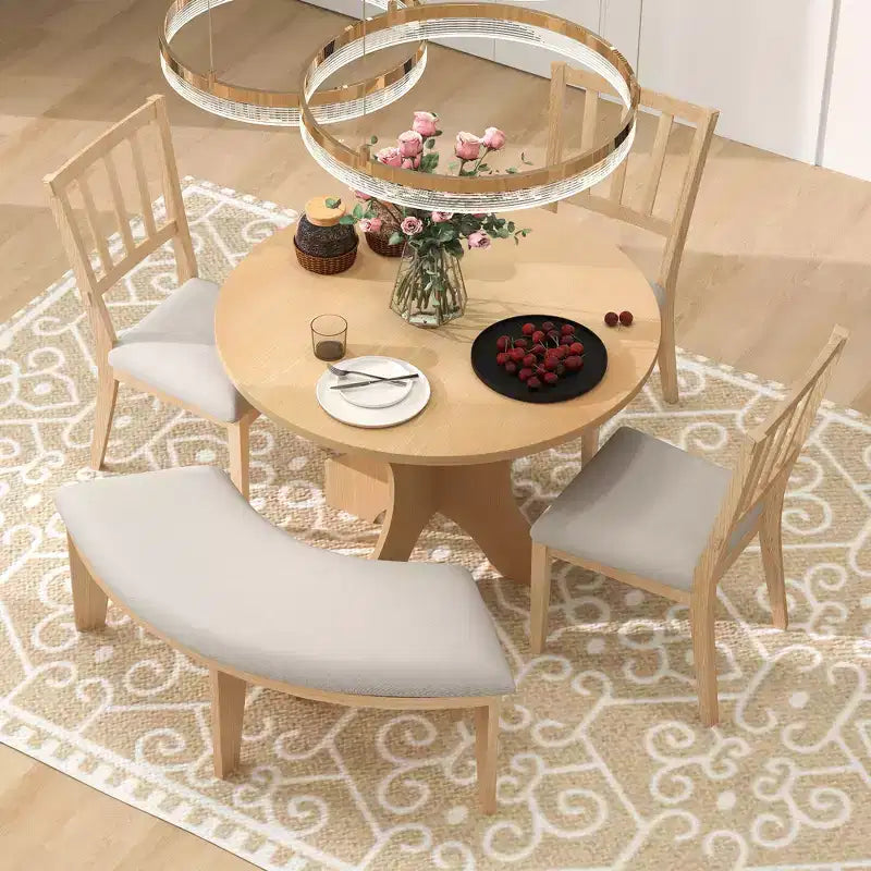 Ensemble de salle à manger rond 5 pièces rustique GDFStudio Agnes avec chaises rembourrées et banc incurvé